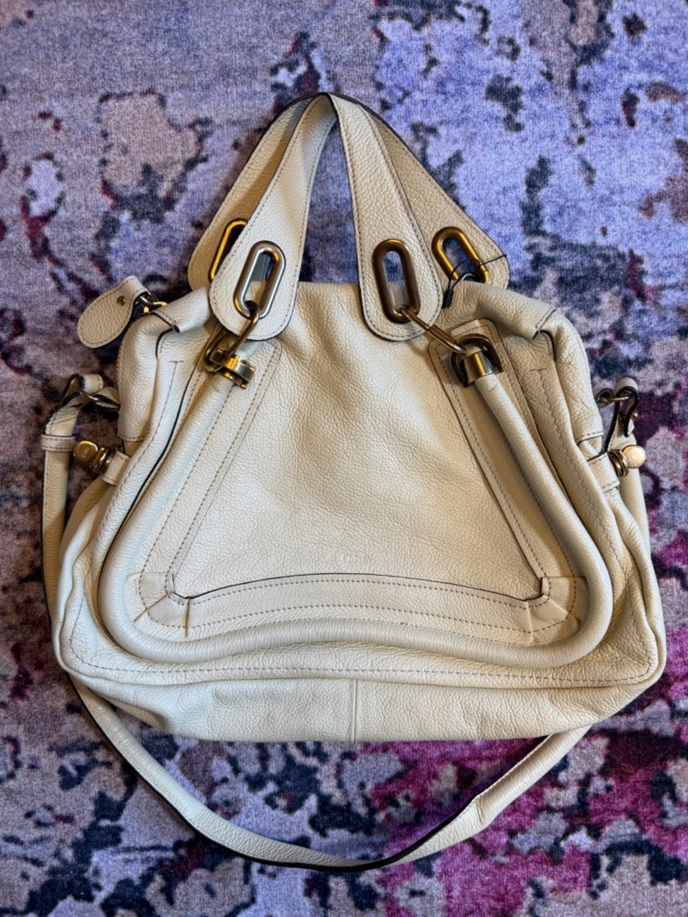 Chloé Paraty Top Handle pebbled Leather Medium white Bag w gold hardware vintage